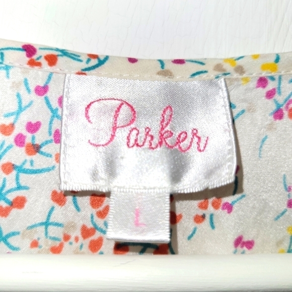 Parker Silk Cream Multicolored Floral Dress Smocked Waist Size L - Picture 6 of 14